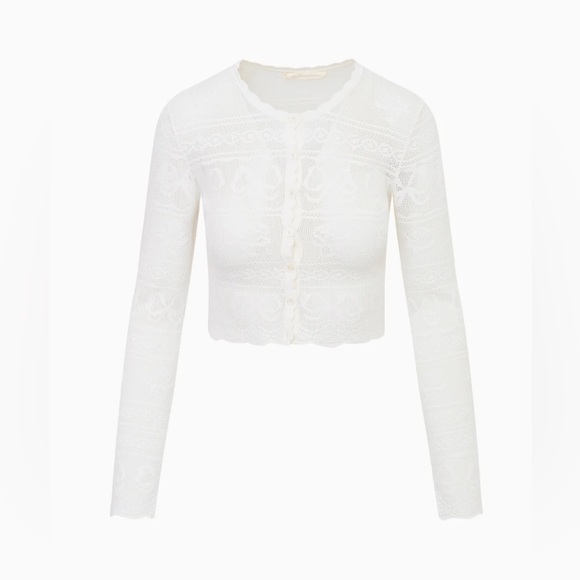 NWT Loveshackfancy Gretta Pointelle Knit Bow Cardigan Ivory White | S - Picture 6 of 13